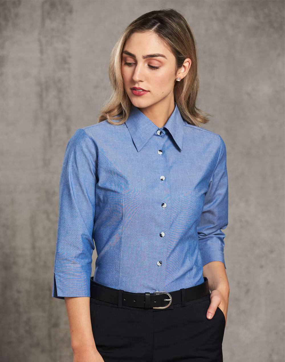 BS04 Ladies Wrinkle Free 3/4 Sleeve Chambray Shirt